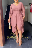 Nude Pink Casual Elegant Vacation Plain Hollowed Out With Belt Asymmetrical V Neck Irregular Dress Dresses