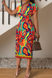 Mehrfarbige, lässige, elegante Ferien-Kleider mit Karomuster, Verbanddruck, V-Ausschnitt und Wickelrock