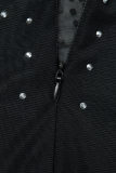 Schwarze, sexy Patchwork-Hot-Drilling-durchsichtige, asymmetrische, langärmlige Kleider mit halbem Rollkragen