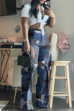 Pantaloni con stampa convenzionale a vita media dritti patchwork scavati con stampa mimetica casual blu