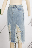 Blue Casual Solid Ripped High Waist Skinny Denim Skirts