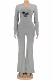 Grey Casual Print Letter V Neck Jumpsuits(Without Waist Chain)