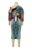 Robes de jupe crayon à col en V et patchwork imprimé rue bleu clair
