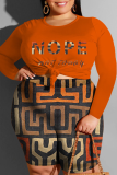 Tangerine Red Casual Print Patchwork Noué O Neck Plus Size Two Pieces