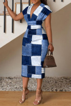 Blauwe casual elegante vakantie geruite print bandage print jurken met V-hals omwikkelde rok