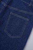 Macacões jeans skinny azul claro casual patchwork gola redonda manga curta
