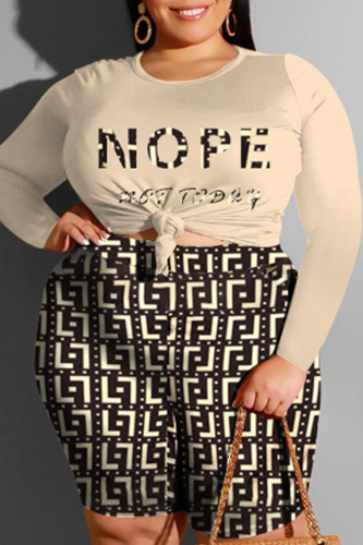 Khaki Casual Print Patchwork Knotted O Neck Plus Size Two Pieces