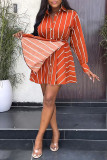 Oranje casual gestreepte print patchwork-jurken met ronde kraag