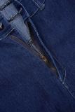 Macacões jeans skinny azul claro casual patchwork gola redonda manga curta