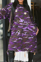 Paarse straatprint camouflageprint uitgeholde patchwork O-hals recht grote maten jurken