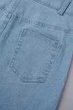 Tute di jeans skinny a maniche corte con colletto alla rovescia e patchwork tinta unita casual azzurre