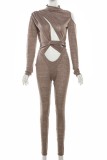 Brown Sexy Casual Solid Hollowed Out Backless Turtleneck Skinny Jumpsuits
