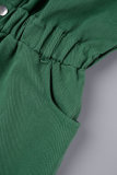 Mameluco de mezclilla regular de manga larga con cuello vuelto de patchwork sólido informal verde