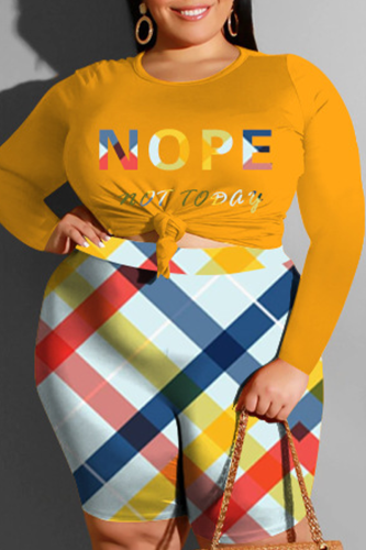 Orange Casual Print Patchwork Knotted O Neck Plus Size Two Pieces