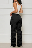 Черный уличный однотонный пэчворк с завязками и карманами в складку, прямые однотонные брюки со средней талией средней посадки