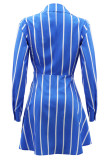Blauwe casual gestreepte print patchwork-jurken met ronde kraag