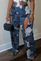 Blaue, lässige Hose mit Camouflage-Print, ausgehöhlt, Patchwork, gerade, mittlere Taille, herkömmliche Hose mit Volldruck
