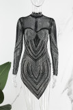 Negro sexy patchwork perforación en caliente transparente asimétrico medio cuello alto vestidos de manga larga