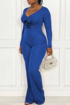 Blue Casual Print Letter V Neck Jumpsuits(Without Waist Chain)