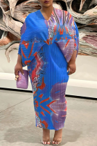 Blau-lila Street-Print-Patchwork-Falten-Bleistiftrock-Kleid mit V-Ausschnitt