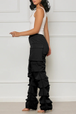 Schwarze Street Solid Patchwork-Hose mit Kordelzug und Taschenfalte, normale mittlere Taille, gerade, einfarbig