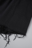 Macacão jeans preto casual sólido patchwork gola redonda manga comprida regular