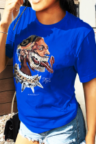 Koningsblauw casual dagelijkse print patchwork T-shirts met ronde hals