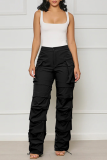 Pantalones callejeros de patchwork liso con cordón y bolsillo doblado regular cintura media recta color sólido negro