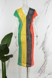 Mehrfarbiges, sexy, lässiges Patchwork-Strandkleid mit ausgehöhltem Schlitz und kontrastierendem V-Ausschnitt