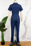 Macacões jeans skinny azul marinho casual patchwork sólido gola redonda manga curta