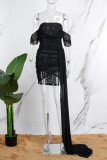 ブラック セクシー ソリッド パッチワーク バックレス オフショルダー ラップ スカート ドレス