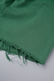 Mameluco de mezclilla regular de manga larga con cuello vuelto de patchwork sólido informal verde