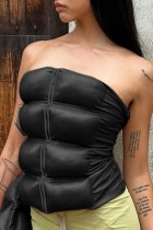 Black Casual Solid Patchwork Backless Zipper Strapless Tops