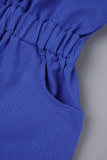 Macacão jeans azul casual sólido patchwork gola redonda manga longa regular