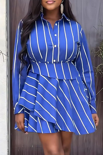 Blue Casual Striped Print Patchwork Turndown Collar Dresses