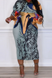 Robes de jupe crayon à col en V et à imprimé de rue bleu violacé