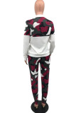 Red Casual Camouflage Print Patchwork Zipper Collar Plus Size Two Pieces
