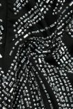 Negro sexy patchwork perforación en caliente transparente asimétrico medio cuello alto vestidos de manga larga