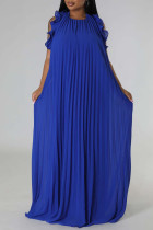 Синие повседневные однотонные прямые платья в стиле пэчворк с открытой спиной и складками