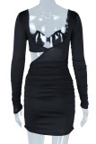 Black Sexy Casual Solid Hollowed Out V Neck Long Sleeve Dresses