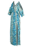 Blaue, elegante, bedruckte Bandage-Patchwork-Kleider mit Schlitz und V-Ausschnitt