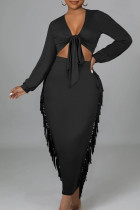 Black Sexy Celebrities Solid Tassel Hollowed Out Patchwork Cross Straps V Neck Long Sleeve Two Pieces