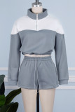Grey Casual Patchwork Contrast Mandarin Collar Long Sleeve Two Pieces
