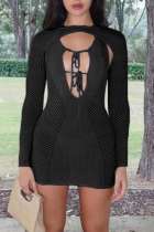 Black Sexy Solid Bandage Hollowed Out See-through Backless O Neck Long Sleeve Two Pieces