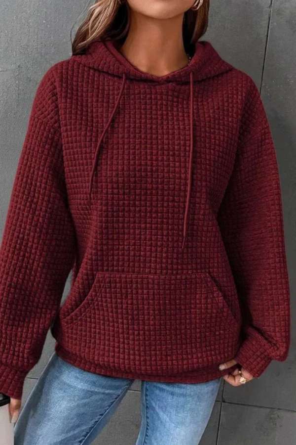 Deep Red Casual Solid Basic Hooded Collar Tops