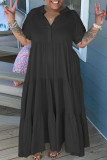 Zwarte casual effen patchwork-knopen gevouwen kraag-overhemdjurk Grote maten jurken