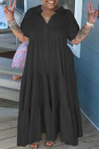 Schwarzes, lässiges, solides Patchwork-Knöpfe-Falten-Hemdkleid mit Umlegekragen, Kleider in Übergröße