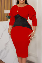 Rode casual patchwork jurken met contrasterende O-hals en lange mouwen