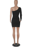 Black Sexy Solid Hollowed Out Backless Oblique Collar Long Sleeve Dresses