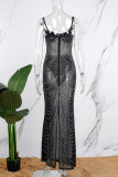 黒のセクシーなパッチワーク ホット ドリル シースルー バックレス スパゲッティ ストラップ ロング ドレス ドレス